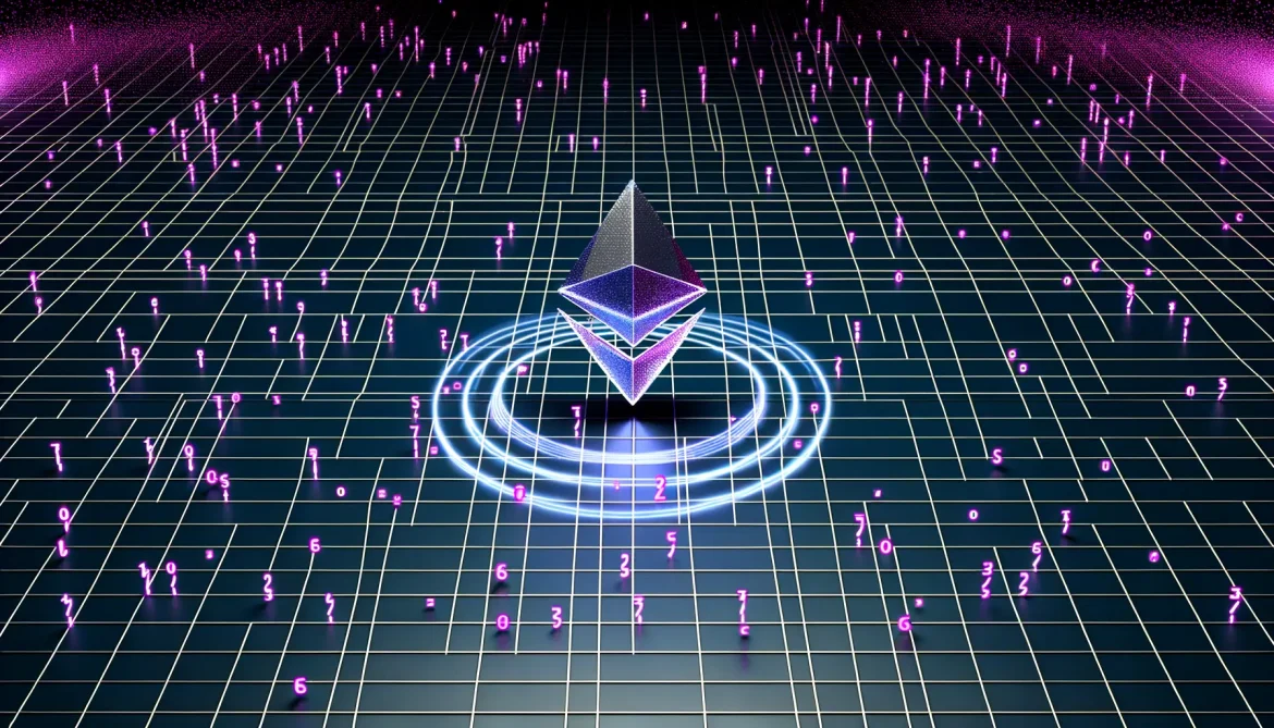 Glowing Ethereum token being consumed by magenta AI transaction particles on a dark tech grid, representing ETH supply deflationary burn mechanism.